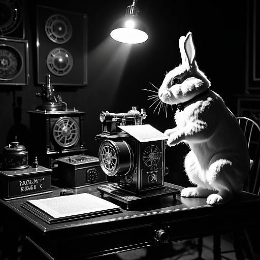 Rabbit Writing on Film Projector in Noir Setting