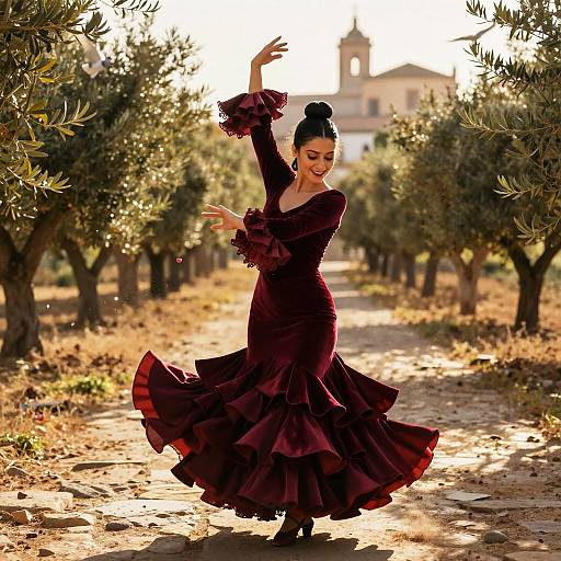 Photograph of a smiling woman in a flowing, deep burgundy ruffled dress, dancing in an olive grove with sunlight filtering through trees, and