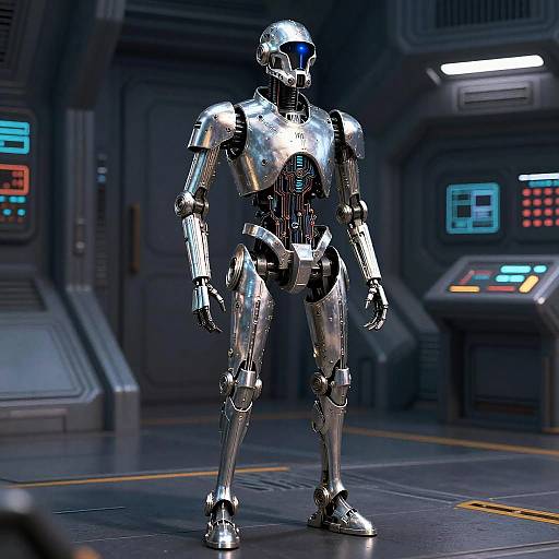Photorealistic CGI of a shiny, silver humanoid robot with blue eyes standing in a dimly lit, futuristic spaceship control room.