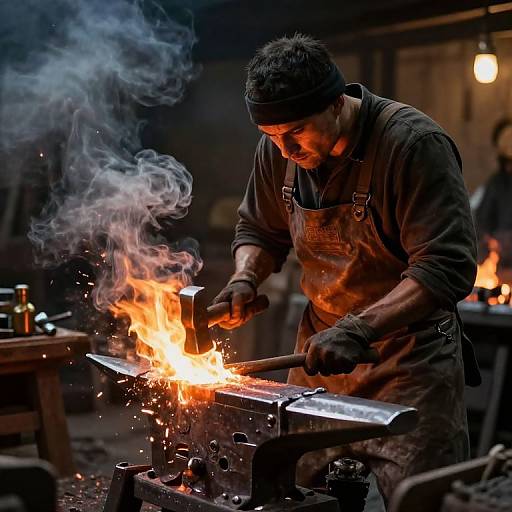 Mechanical Blacksmith Amidst Fiery Chaos