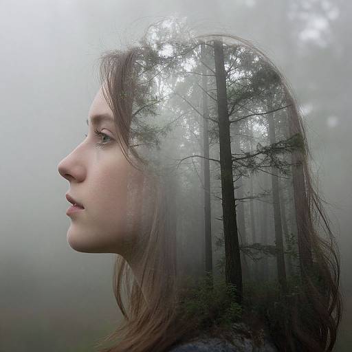Photograph of a young woman with fair skin and brown hair, profile view, her head superimposed with a misty forest background, tall trees