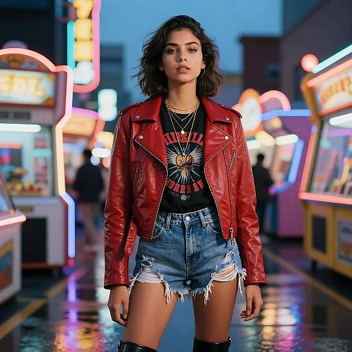 Photograph of a confident woman with curly hair, wearing a red leather jacket, black sunburst tee, distressed denim shorts, and thigh-high boots,