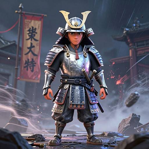 Digital artwork of a young samurai warrior standing in a battle-scarred, smoky village. He's in full armor with a horned helmet