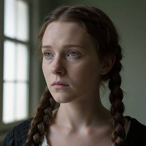 Photograph of a young white woman with fair skin, blue eyes, and braided brown hair, wearing a black top, looking somberly into