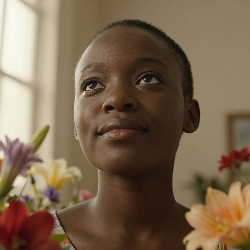 Photograph of a dark-skinned woman with short hair, smiling subtly, surrounded by colorful flowers, soft natural light, and blurred background.