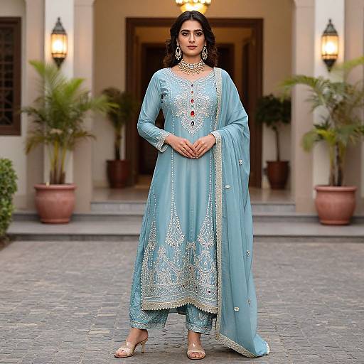 Photograph of a South Asian woman in a light blue traditional embroidered salwar kameez, standing confidently on a cobblestone path, with p