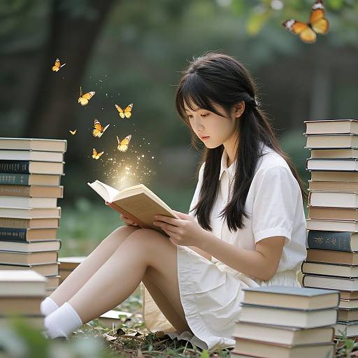 Photograph of an Asian woman with black hair in a white dress, reading a book surrounded by stacked books, glowing butterflies, and a vibrant orange butterfly