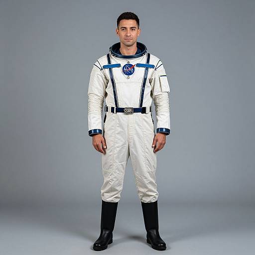 Photograph of a man in white astronaut suit with blue trim, black boots, and NASA logo, standing against gray backdrop.