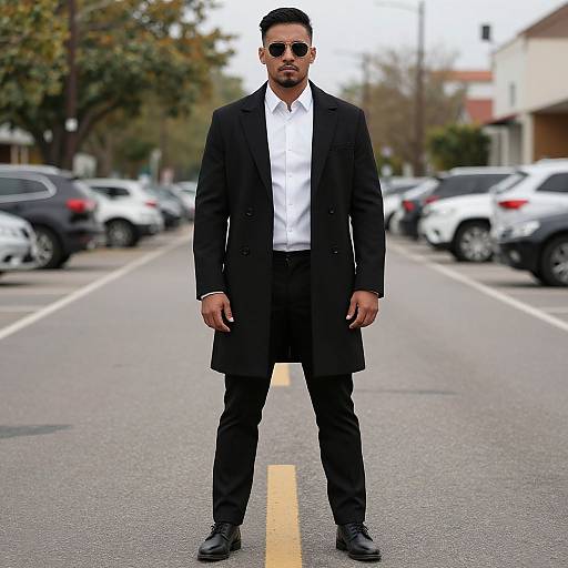 Photograph of a stylish man with dark skin, short black hair, wearing black sunglasses, a long black coat, white shirt, black pants, and