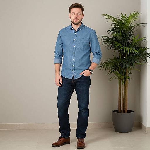 Photograph of a bearded man in blue button-up shirt, dark jeans, brown shoes, standing with hand in pocket beside a potted plant.