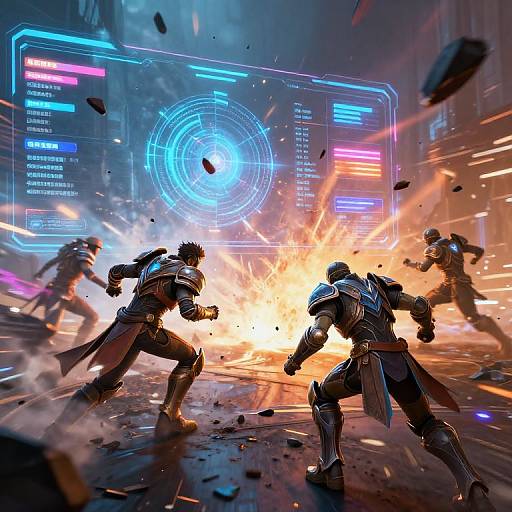 Digital CGI action scene: Four armored warriors clash in a neon-lit, explosive urban battlefield, with holographic data screens and debris flying.