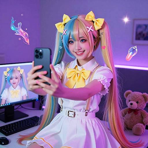Cosplay Girl Taking Selfie with Multicolored Hair