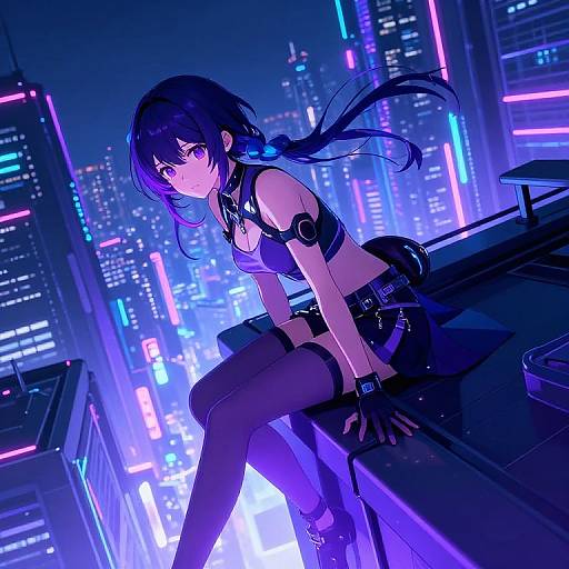 Cyberpunk anime girl with black hair and purple eyes, wearing a black crop top, skirt, and thigh-highs, sits on a rooftop at