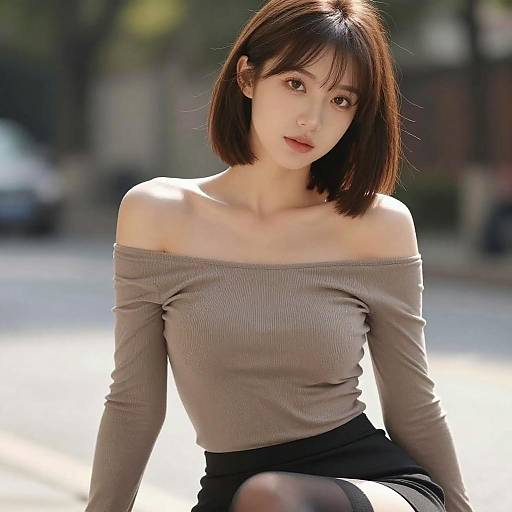 Young Woman in Off-Shoulder Top Outdoors