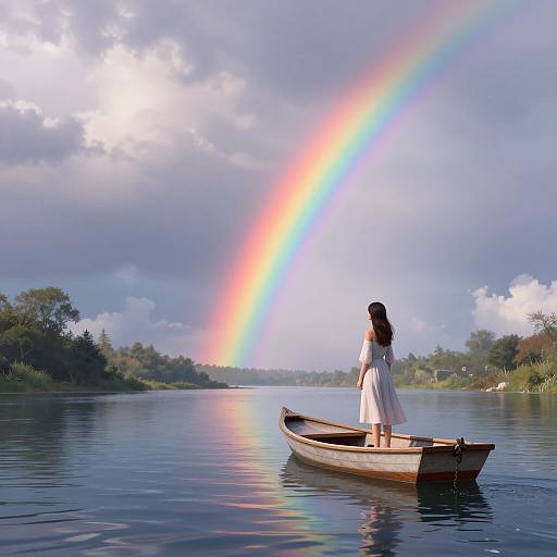 Photograph of a woman in a white dress standing in a wooden rowboat, gazing at a vibrant rainbow over a calm lake.