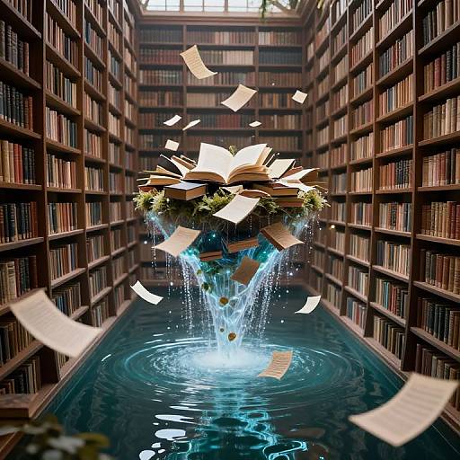 Photorealistic image of an open book floating above a water fountain in a book-filled library, with papers flying around.