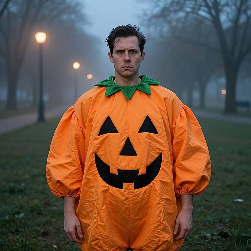 Photograph of a serious-looking man in a bright orange pumpkin costume with a green collar and black jack-o'-lantern face, standing in a fog