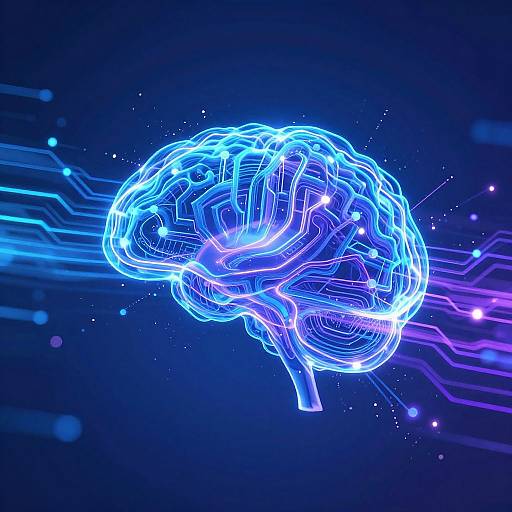 Neon-blue, glowing 3D brain illustration with intricate wireframe lines and digital particles against a dark blue background, creating a futuristic, cybernet