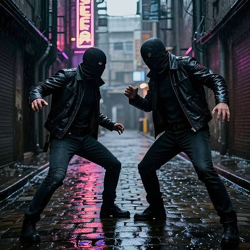 Photograph of two masked, leather-jacketed men in a neon-lit, rain-soaked alleyway, standing in aggressive stances, reflecting