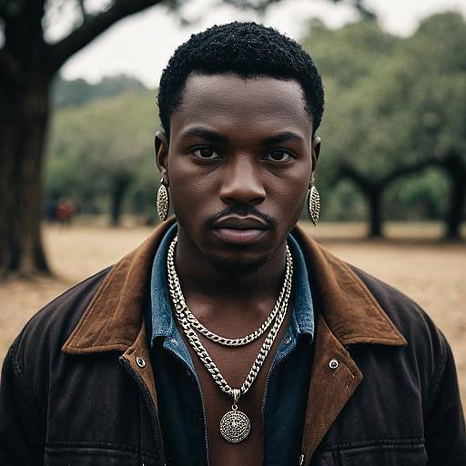 Stylish Dark-Skinned Man with Jewelry Outdoors