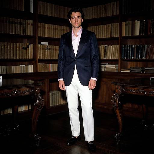 Photograph of a young man with short dark hair, wearing a navy blazer, white shirt, and white pants, standing in a dimly lit