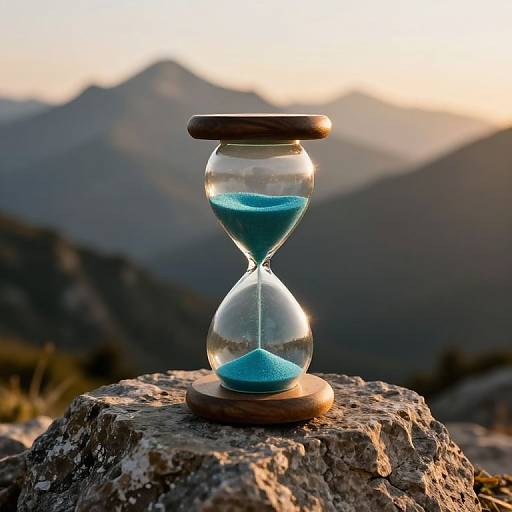 Photograph of a glass hourglass with blue sand, set on a rocky mountain peak at sunset, blurred mountain range in background.
