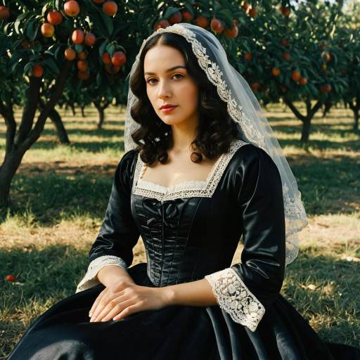 Young Woman in Vintage Dress and Veil Sitting in Orchard