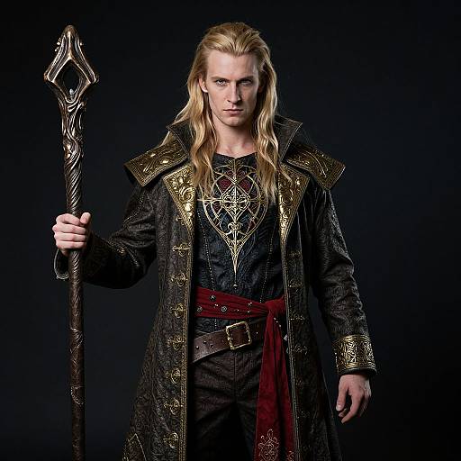 Photograph of a blonde, blue-eyed man with long hair, wearing an ornate black and gold medieval coat, holding a twisted staff, against a
