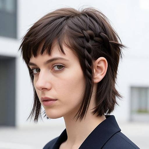 Photograph of a young woman with fair skin, short black braided hair, and serious expression, wearing a black collared shirt, against a blurred
