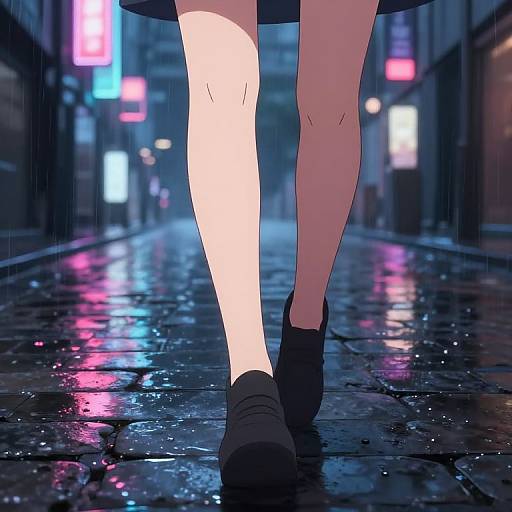 Anime-style digital drawing of a person's legs in black shoes walking on a wet, neon-lit city street at night.