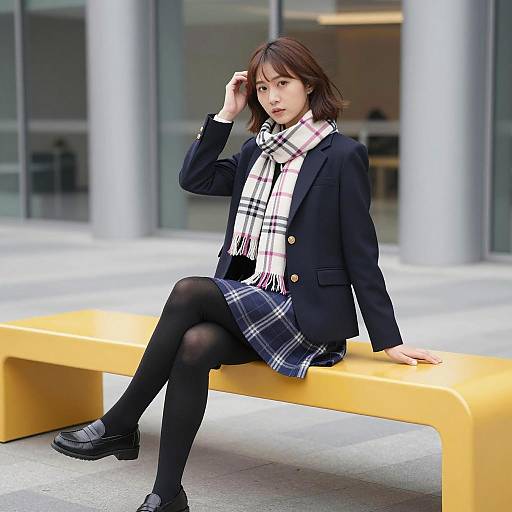 Asian Woman Sitting on Yellow Bench in Modern Indoor Setting