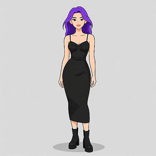 Digital drawing of a woman with purple hair, wearing a black, sleeveless, form-fitting dress, black belt, and black ankle boots.