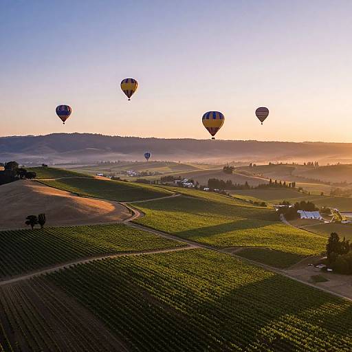 Photograph of a sunrise over a vineyard, with five colorful hot air balloons floating above rolling hills and scattered farm buildings.