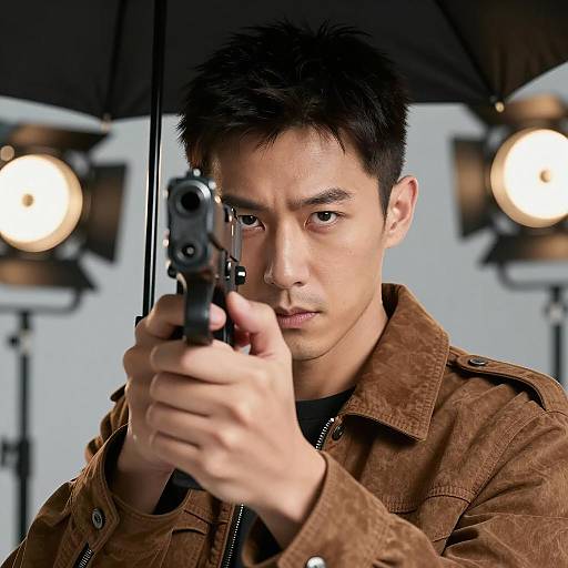 Intense Man with Pistol in Studio Setting