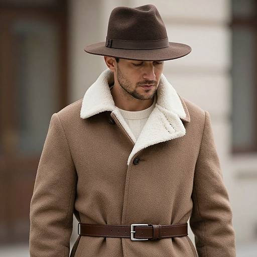 Photograph of a handsome man with light skin, brown hat, brown coat with white shearling collar, brown belt, and short beard, standing outdoors
