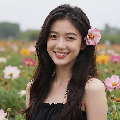 Young Asian woman with long black hair, wearing a black strapless top, smiling, adorned with a pink flower in a colorful field of blooming flowers