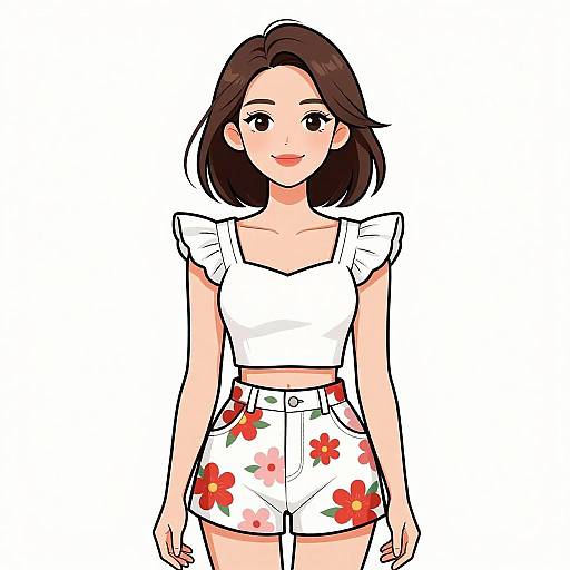 Digital anime-style drawing of a smiling young woman with brown hair, wearing a white crop top with ruffled sleeves and white high-waisted floral shorts