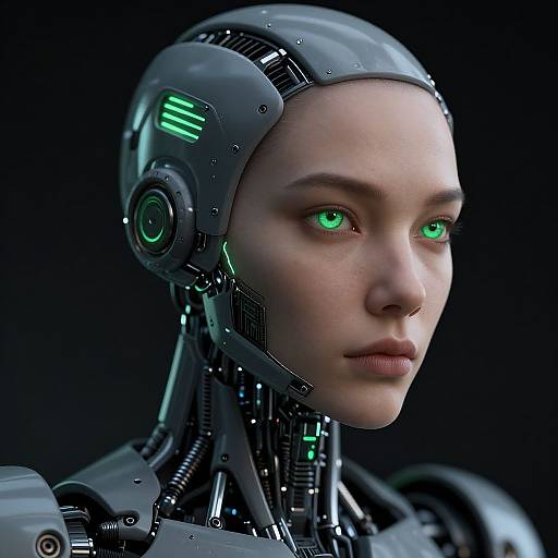 CGI portrait of a human-like female robot with glowing green eyes, sleek metallic head, and intricate mechanical neck against a black background.