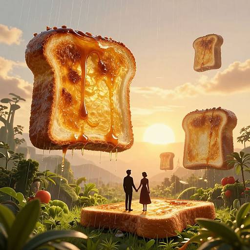 Digital art: Silhouetted couple holding hands on giant toast slice, surrounded by floating toast slices, rain, and lush jungle at sunset.