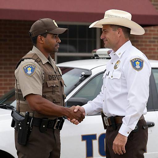 Diverse Officers Shaking Hands by Police Car