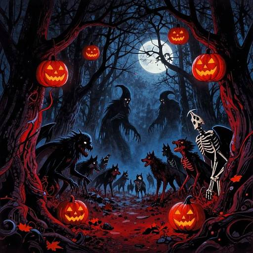 Digital artwork of a spooky, moonlit forest with glowing red jack-o'-lanterns, black wolves, and a skeletal figure, surrounded by eerie
