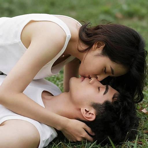 Intimate Outdoor Kiss in Lush Greenery