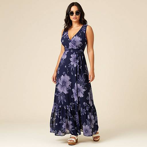 Photograph of a plus-size woman with dark hair, wearing a navy blue floral maxi dress, round sunglasses, and brown sandals, standing against a plain