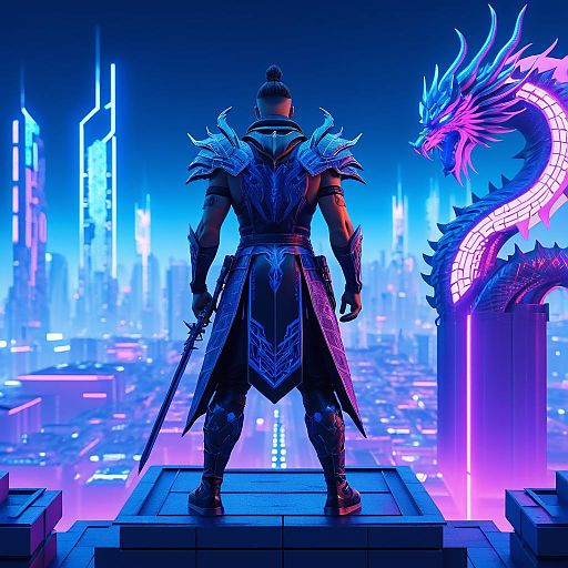 Cyberpunk Warrior with Neon Dragons Render Cyberpunk Warrior with Neon Dragons Render