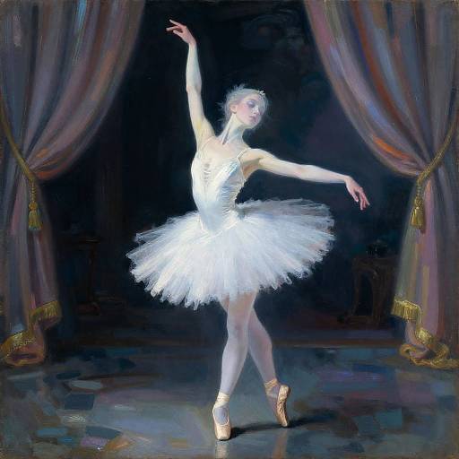 Photorealistic painting of a ballerina in a white tutu and pink ballet shoes, striking an elegant pose under stage curtains.