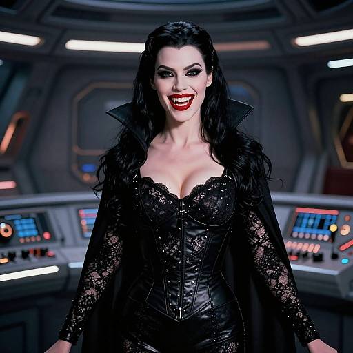 Photograph of a dark-haired woman with pale skin, red lipstick, and black lace corset, smiling in a futuristic control room.
