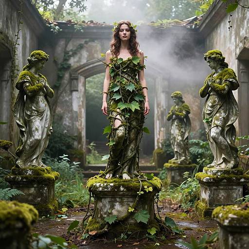 Photograph of a fair-skinned, long-haired woman with vines and leaves covering her body, standing between moss-covered, classical statues in a misty