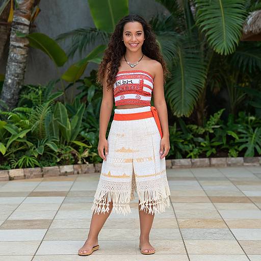Photograph of a smiling young woman with curly hair, wearing a red-and-white striped strapless top and a white fringe skirt, standing on a tiled