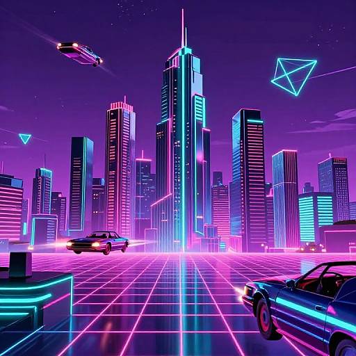 Neon-lit futuristic cityscape with glowing skyscrapers, flying cars, and gridlines under a purple night sky, featuring a triangular email icon