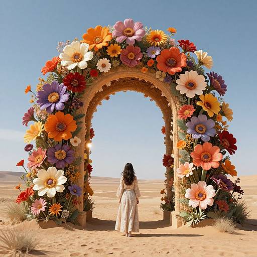 Photograph of a woman in a white dress standing before a wooden arch adorned with vibrant, multicolored flowers in a desert.